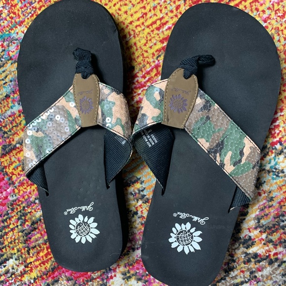 camo yellow box flip flops